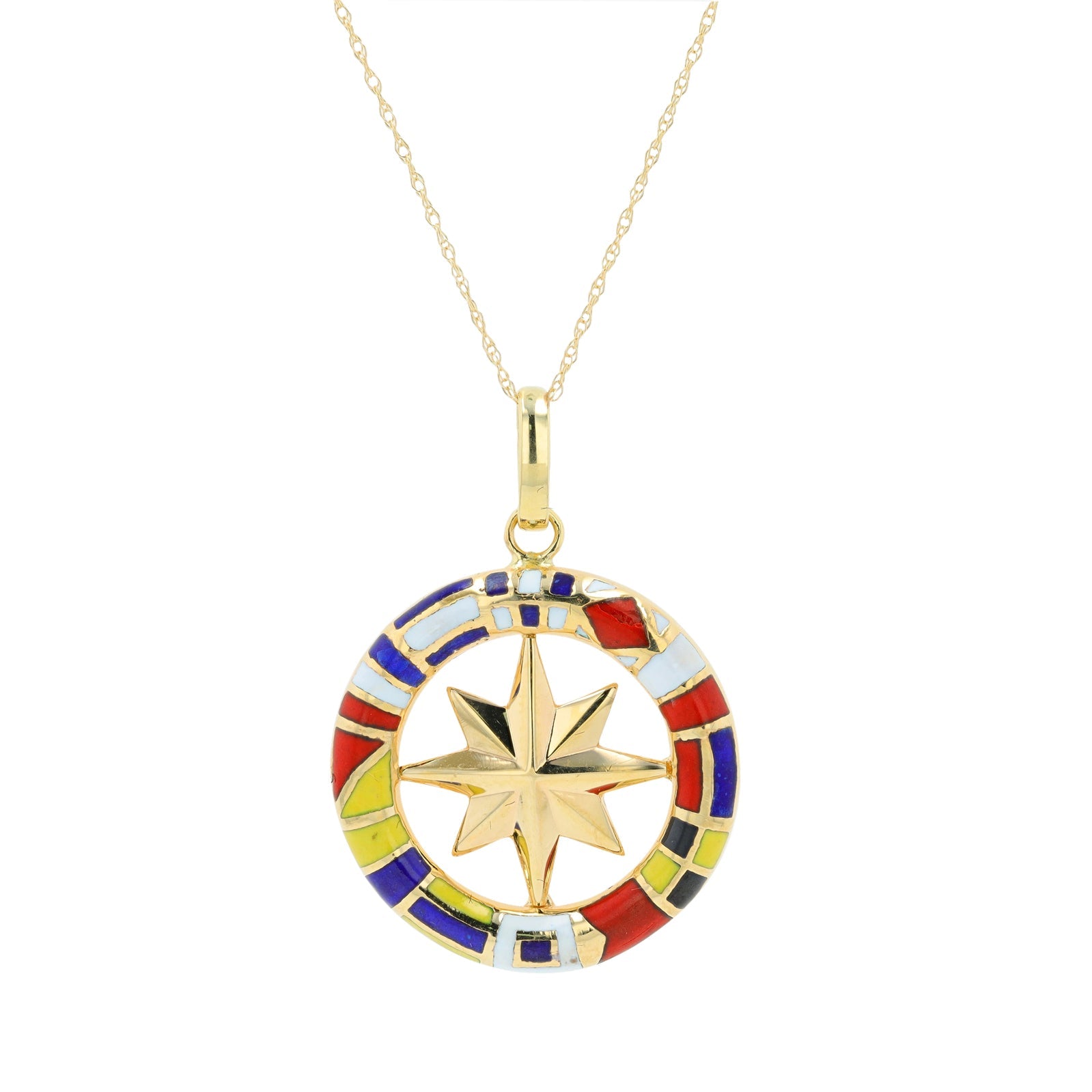 14K YG Enamel Compass Pendant