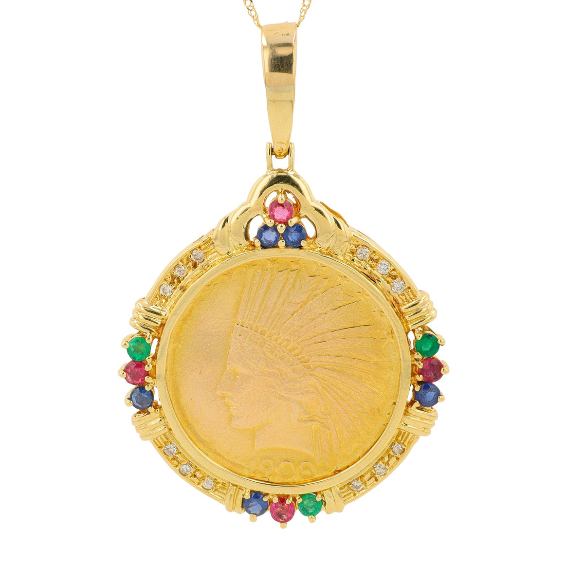 18K YG Multi Gemstone Indian Head USA Coin Pendant