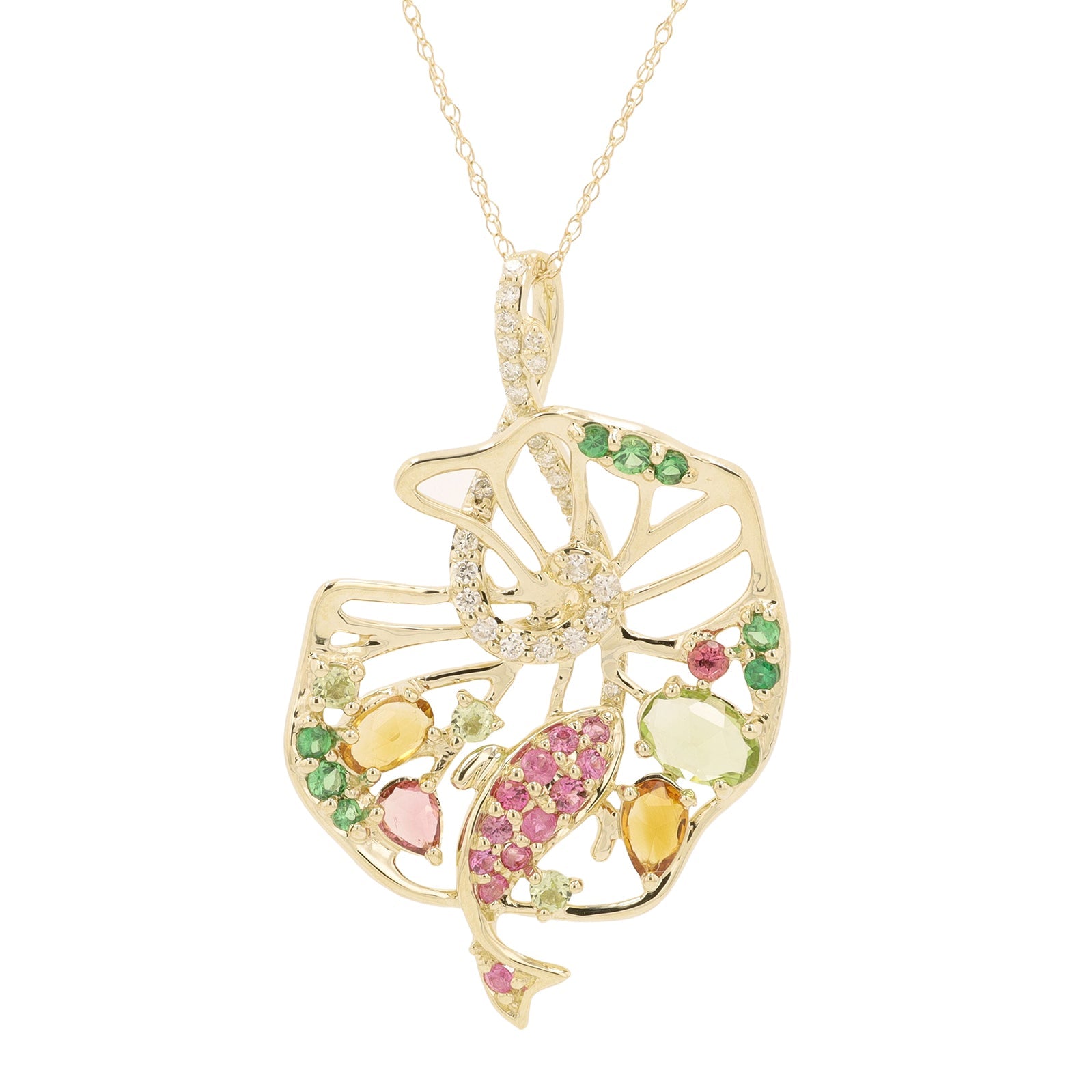 14K YG Multicolor Gemstone Fish Pendant