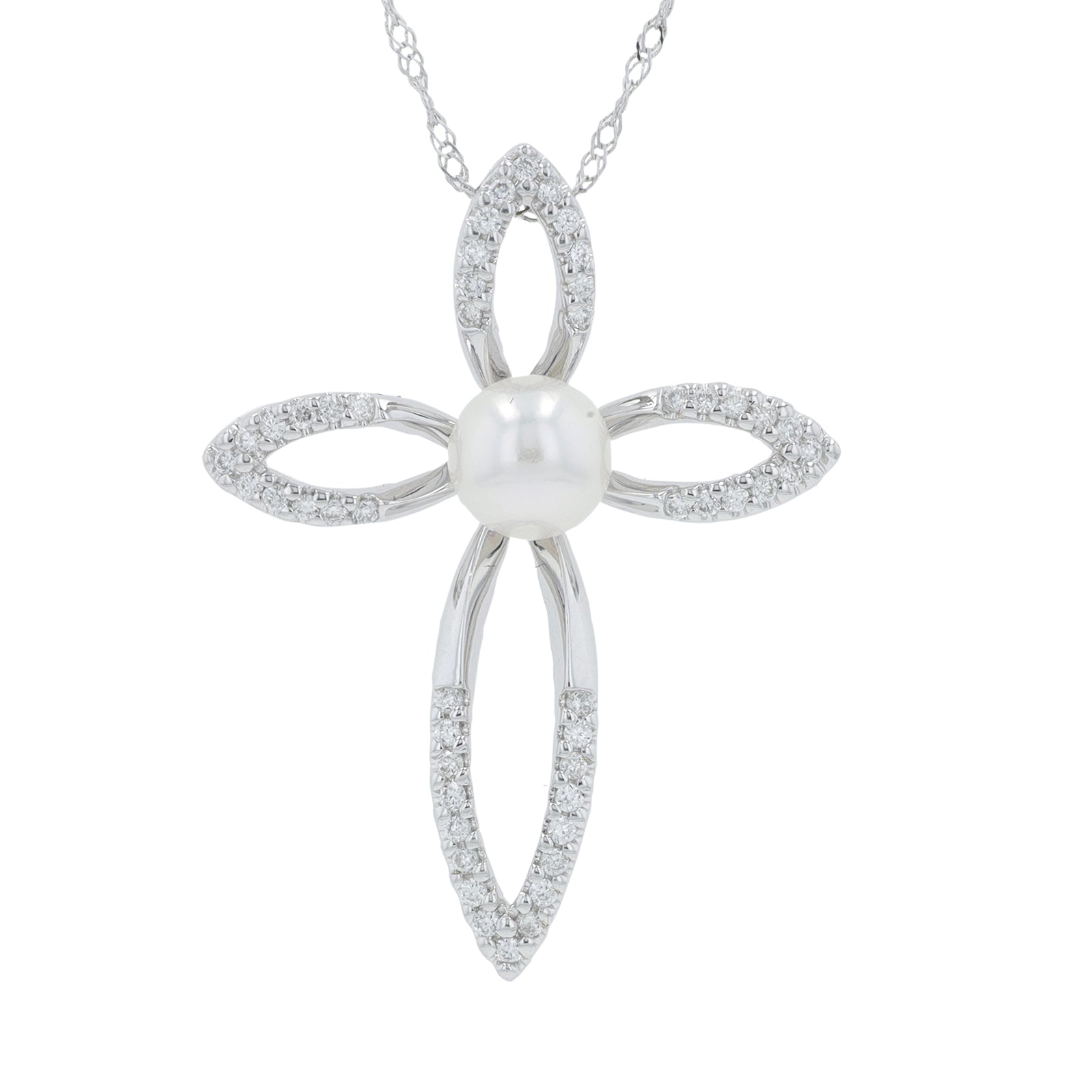 14K WG 5 MM Pearl Cross Pendant