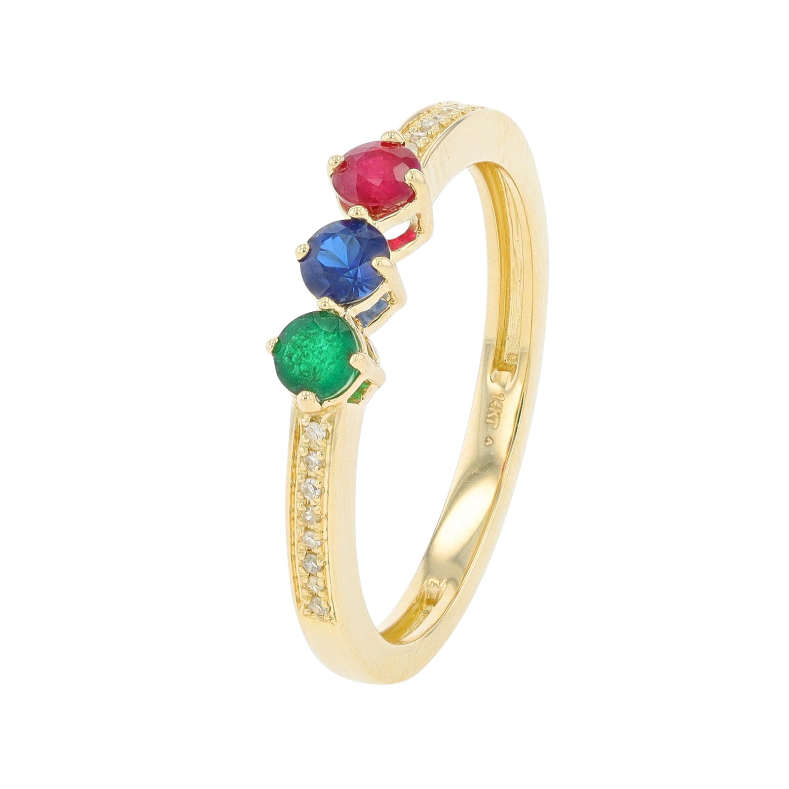 14K YG Three Stone Ruby, Sapphire, & Emerald Ring