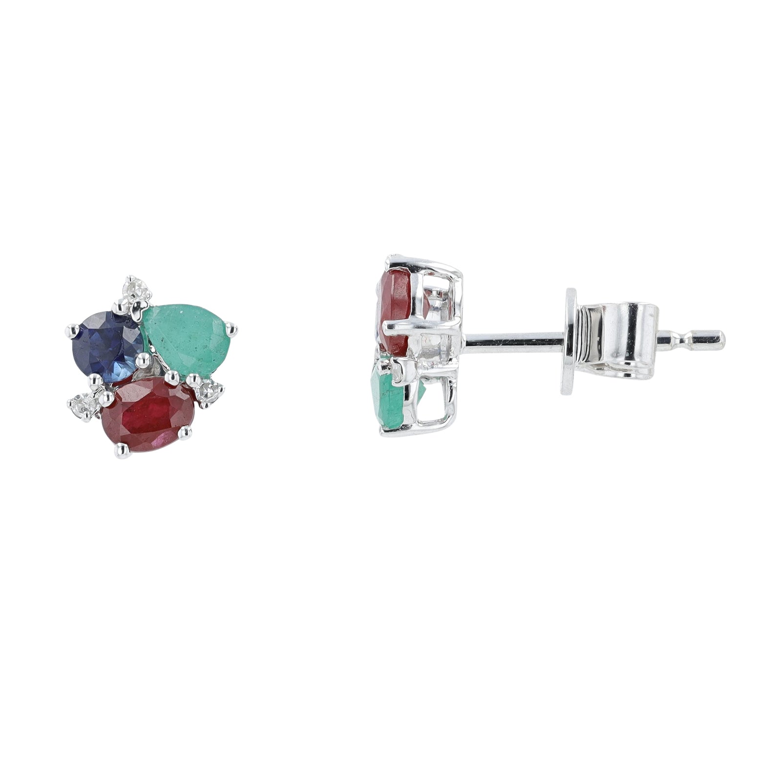 14K WG Ruby, Emerald & Sapphire Cluster Studs