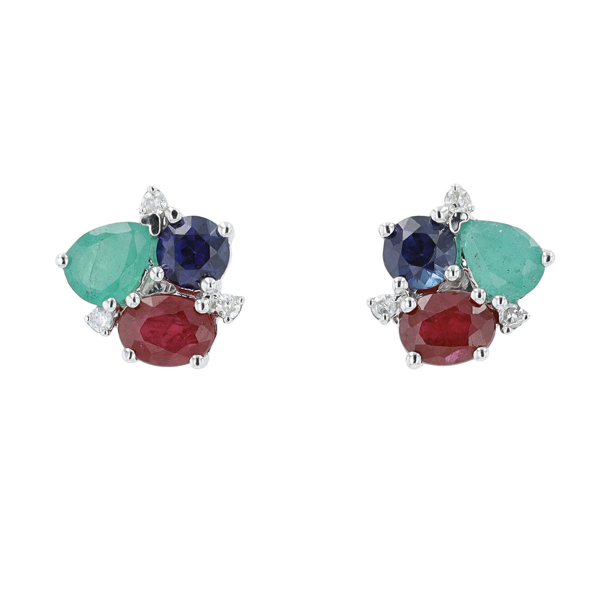 14K WG Ruby, Emerald & Sapphire Cluster Studs