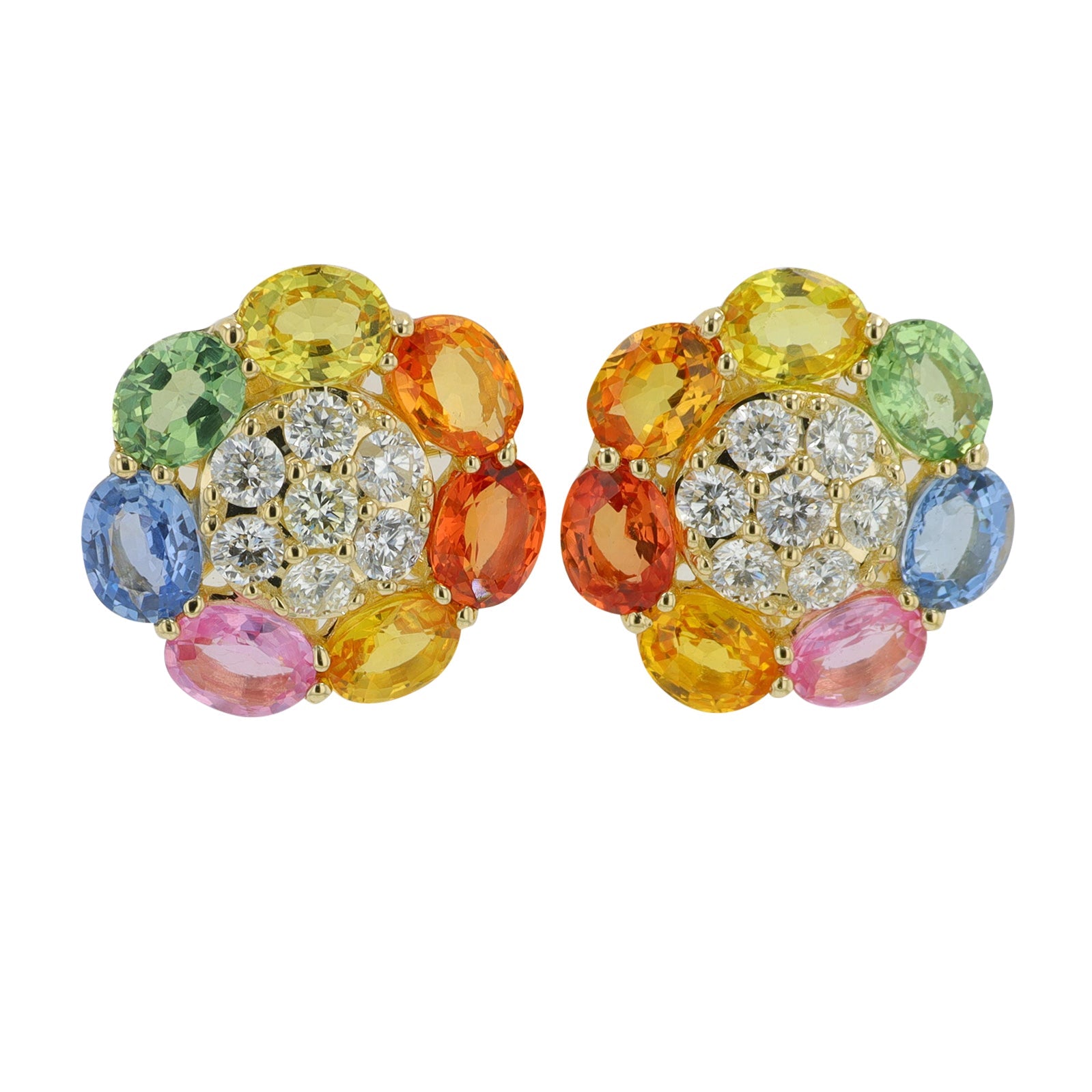 14K YG 3.15 CT Multicolor Sapphire Flower Earrings
