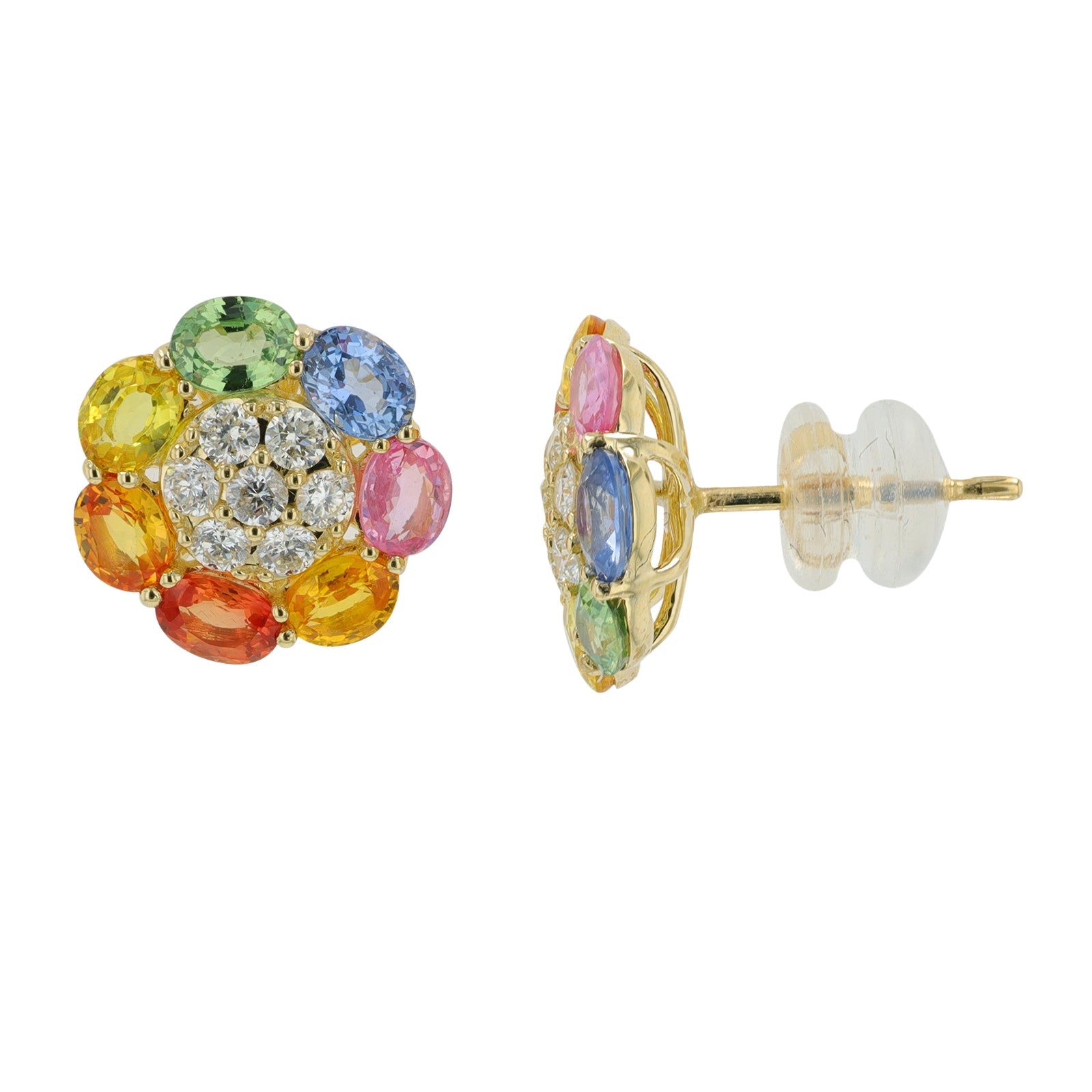 14K YG 3.15 CT Multicolor Sapphire Flower Earrings