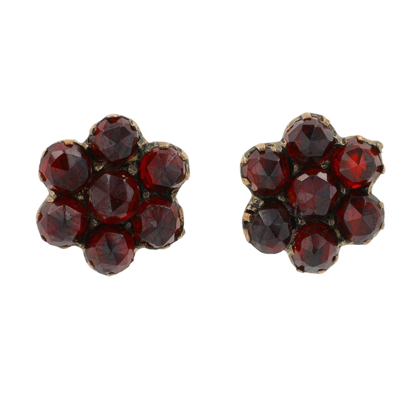 9K Antique Guilt Garnet Flower Studs