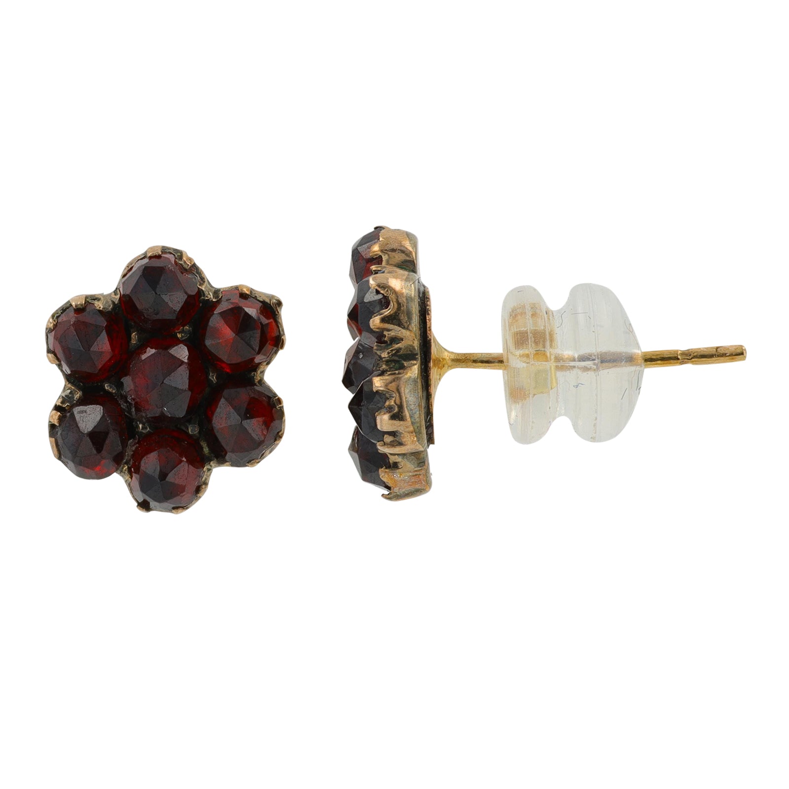 9K Antique Guilt Garnet Flower Studs