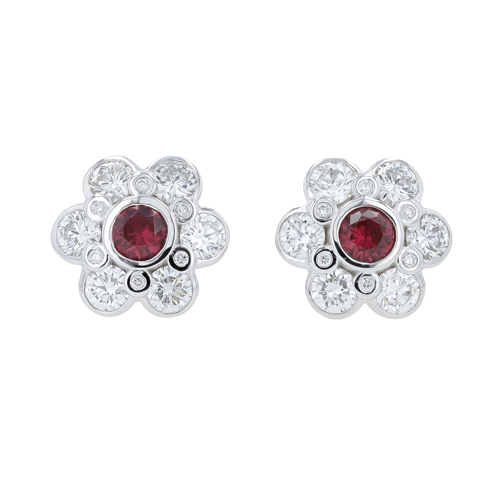 Lab Diamond & Lab Ruby Flower Earrings in 14K White Gold