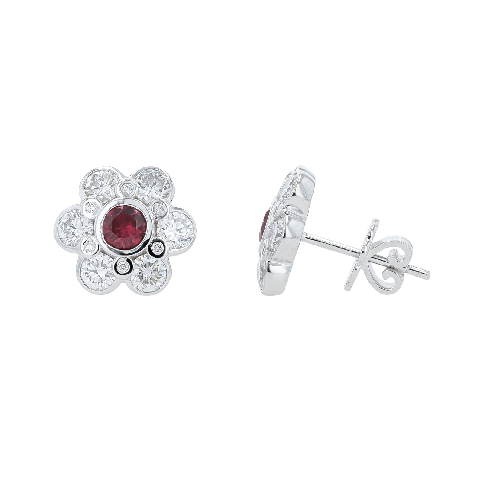 Lab Diamond & Lab Ruby Flower Earrings in 14K White Gold