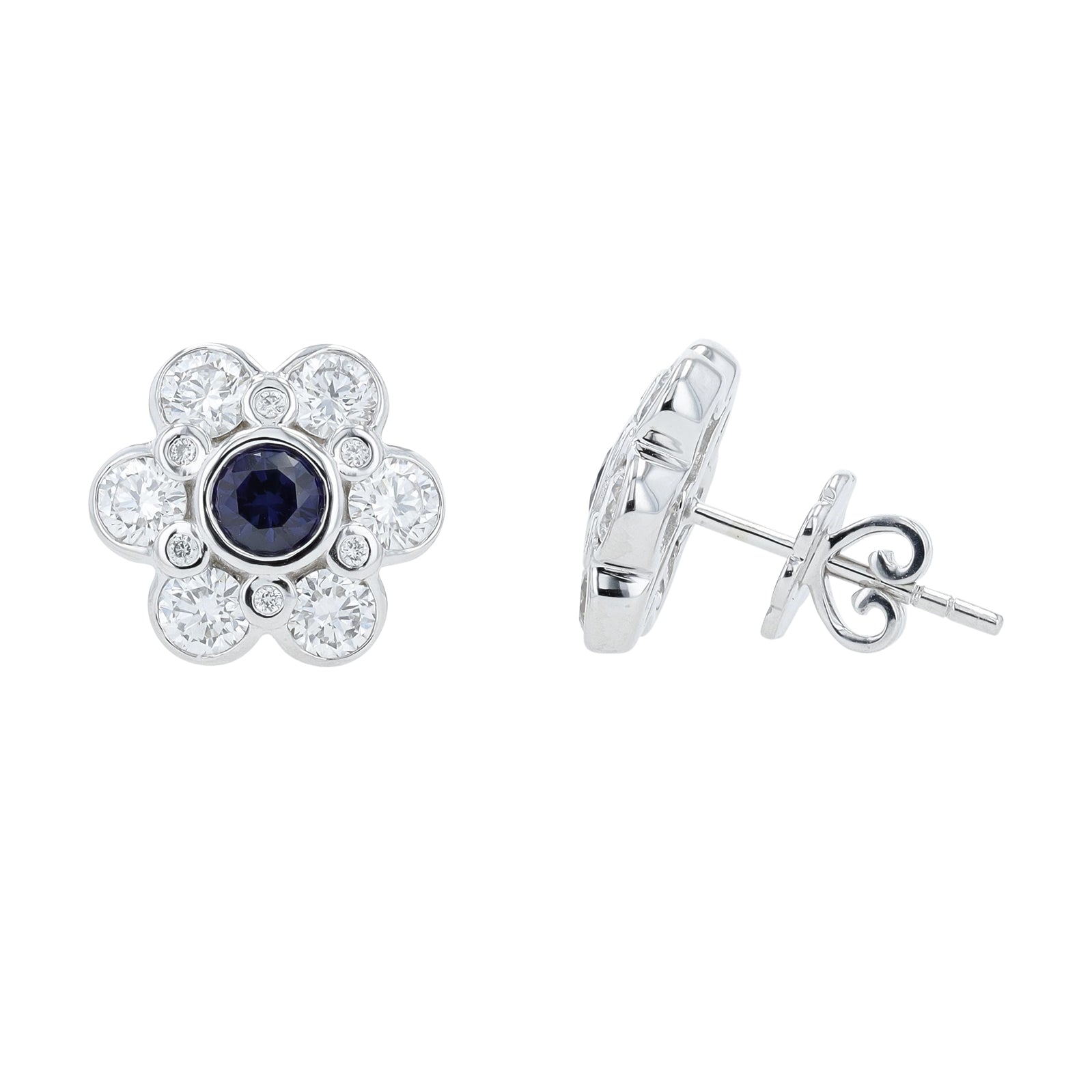 Lab Diamond & Lab Sapphire Flower Earrings in 14K White Gold