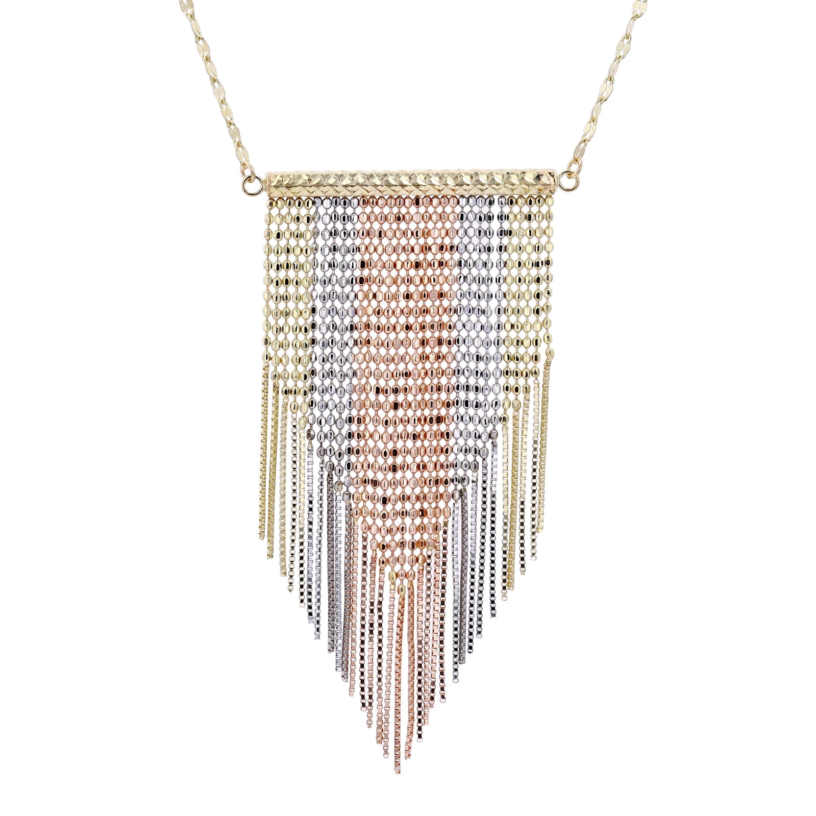 14K Tri-Tone Bar & Tassels Necklace