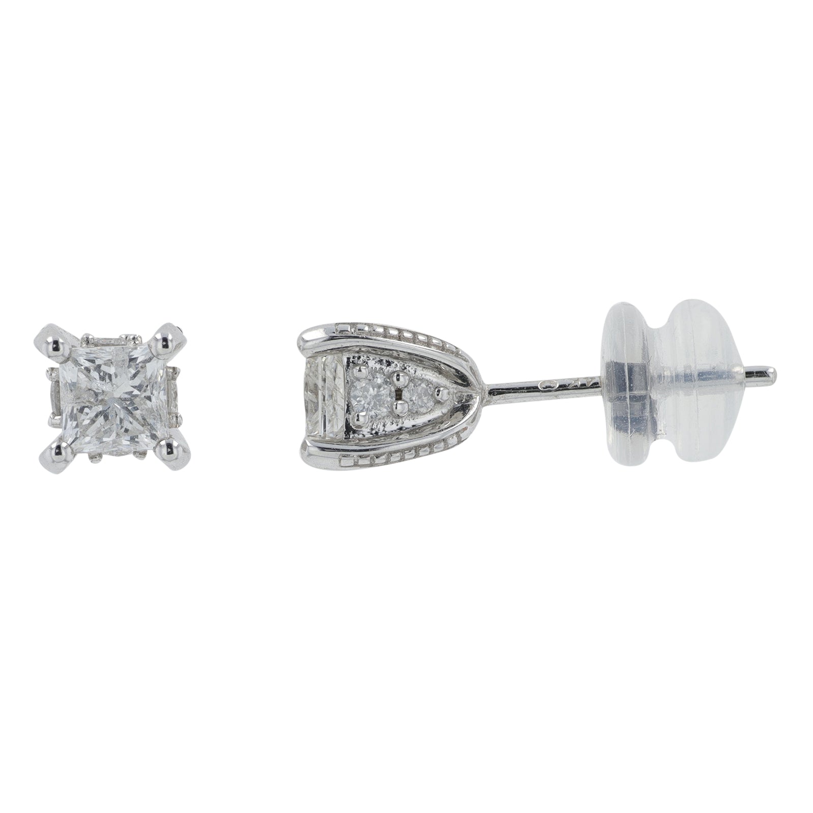 14K WG 1 CT Diamond Princess Cut Studs